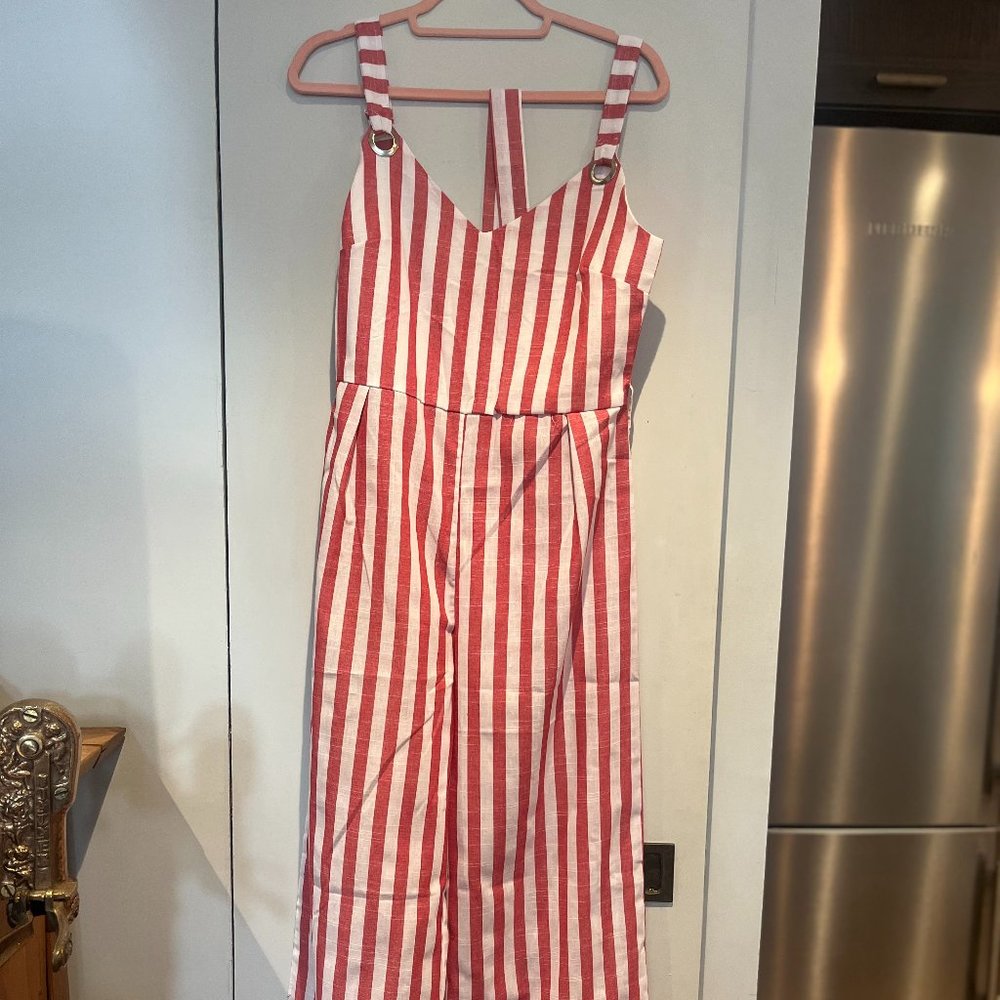 Candy striped red and white linen jumpsuit